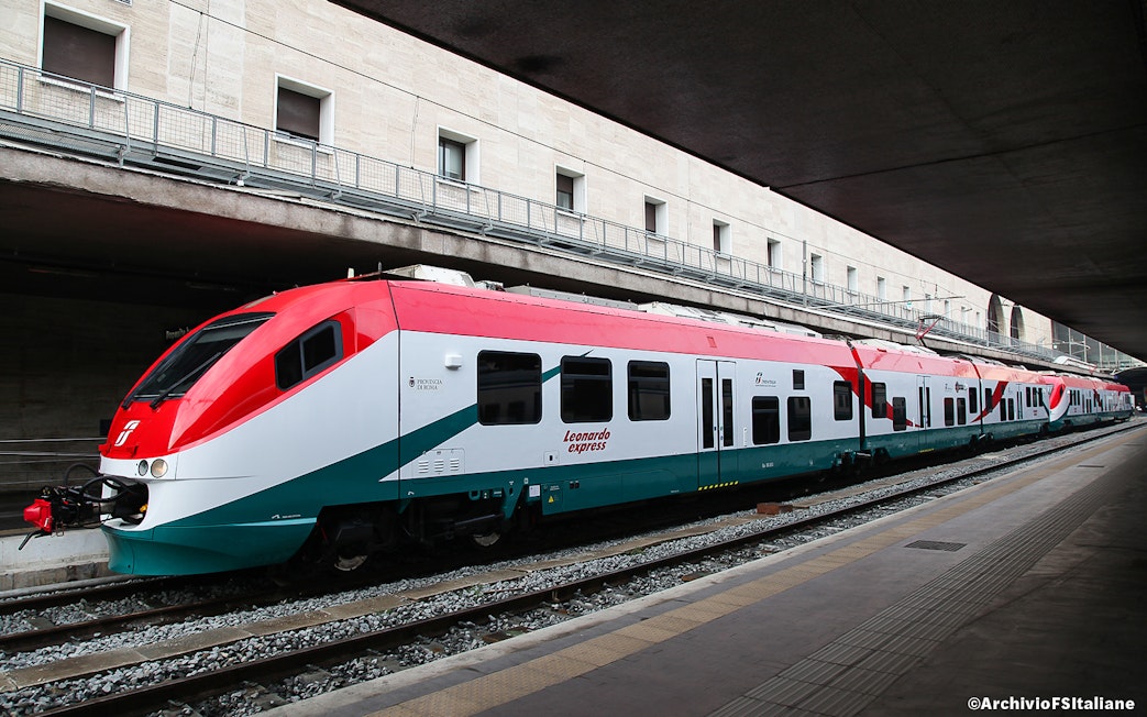 Leonardo Express train at Fiumicino Airport platform for Rome Termini Station route.