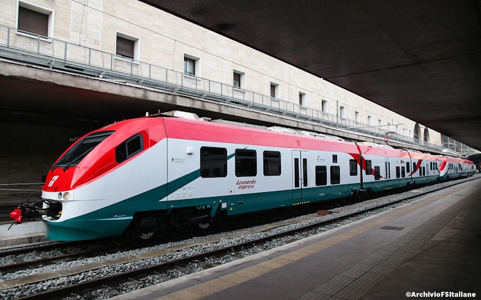 Leonardo Express train at Fiumicino Airport platform for Rome Termini Station route.