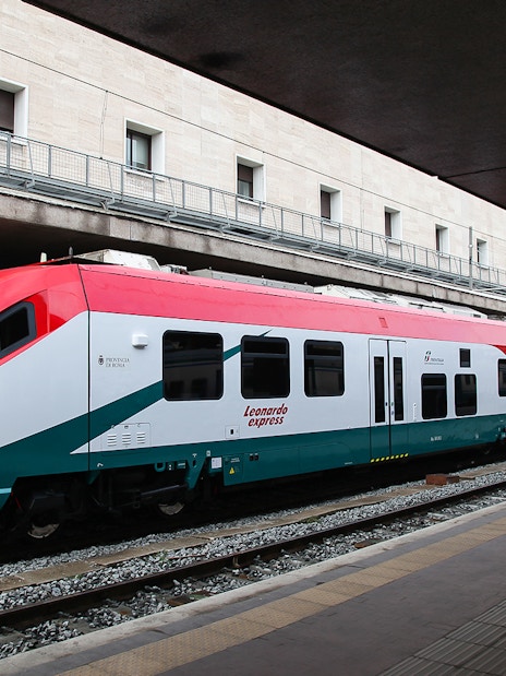 Leonardo Express train at Fiumicino Airport platform for Rome Termini Station route.