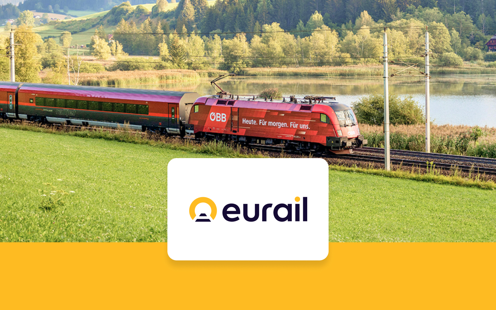 Eurail train traveling through scenic European countryside with lake and forest.