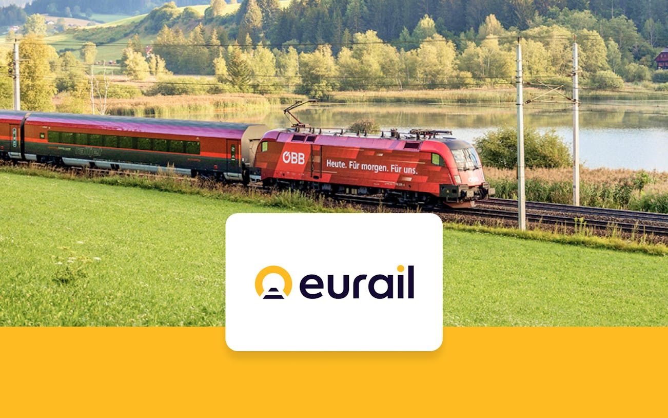 Eurail train traveling through scenic European countryside with lake and forest.