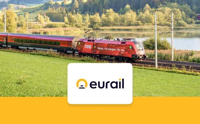 Eurail train traveling through scenic European countryside with lake and forest.