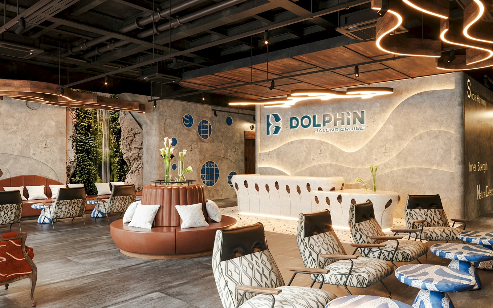 Modern reception area with curved counter, seating, and unique light fixtures at Dolphin Halong Cruise.