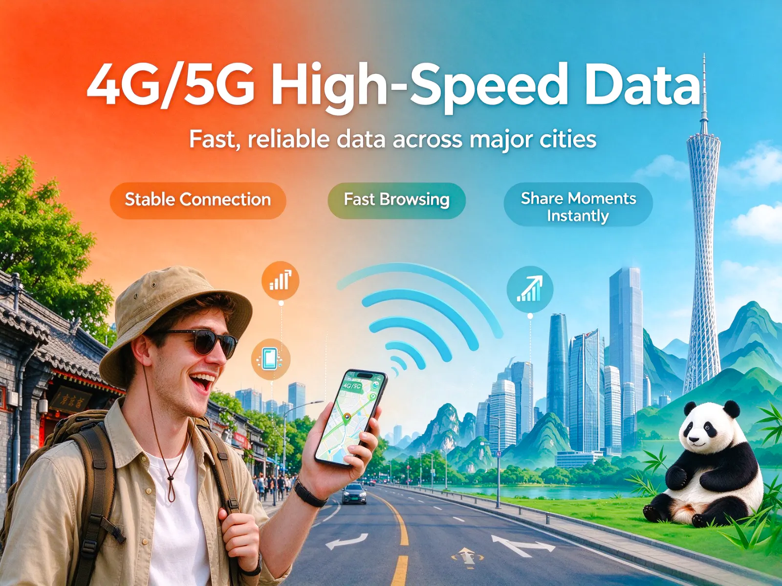Traveler using smartphone with eSIM in Beijing, showcasing stable connection and fast browsing.