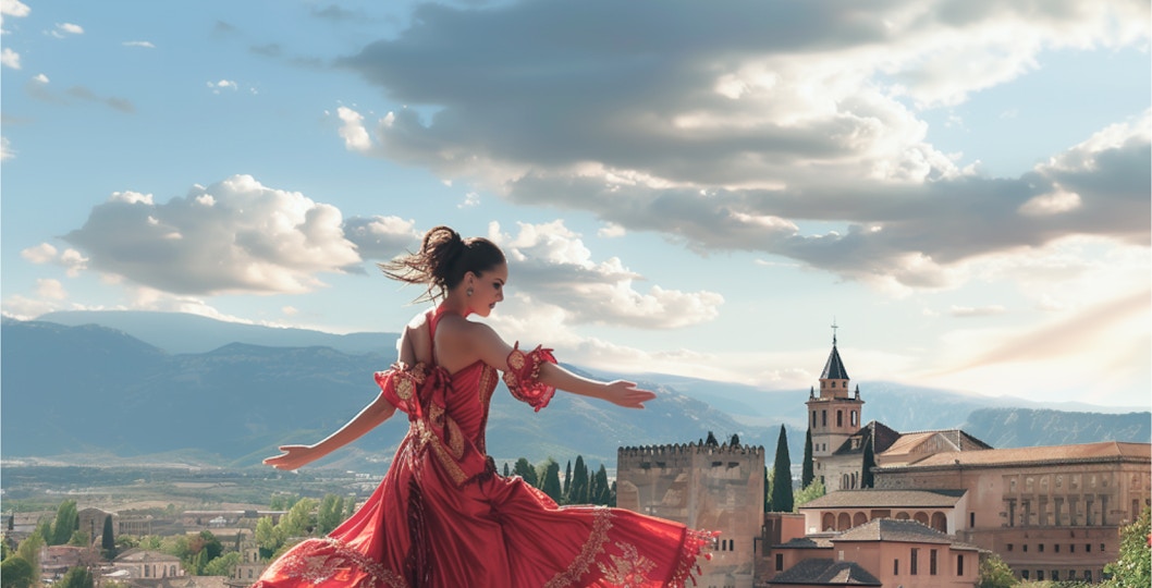 Flamenco dancer in red dress performing with Alhambra in Granada background.