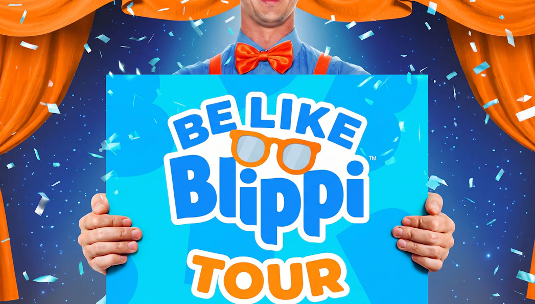 Be Like Blippi Westend tour poster with orange curtains and confetti.