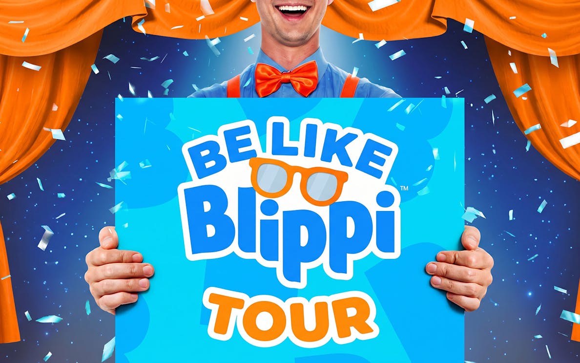 Be Like Blippi Westend tour poster with orange curtains and confetti.