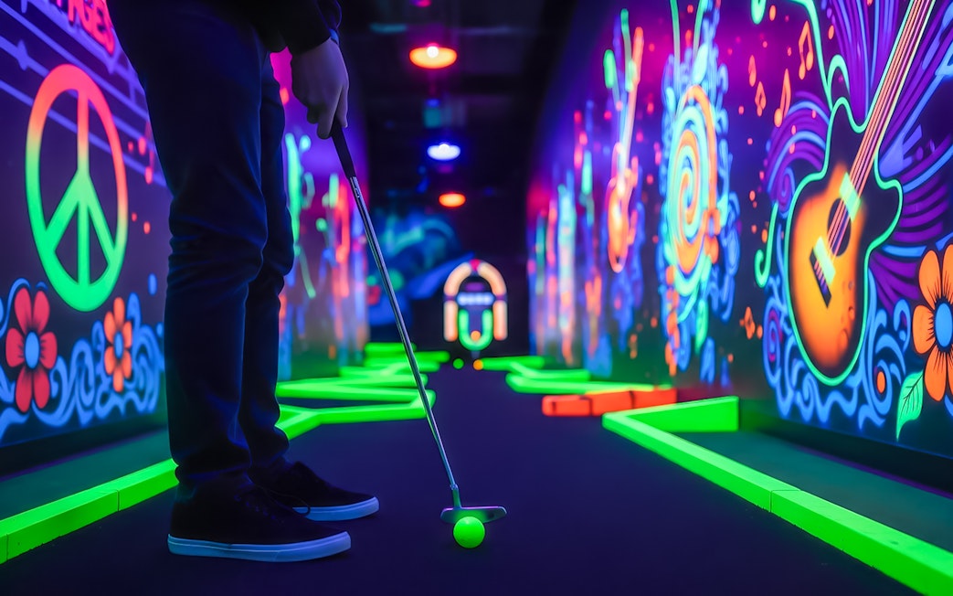 Person playing minigolf at Rock of Ages Blacklight Minigolf with neon murals.