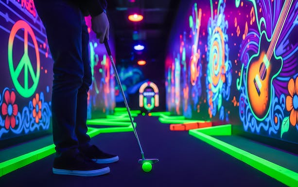 Person playing minigolf at Rock of Ages Blacklight Minigolf with neon murals.