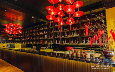Red lanterns and traditional decor at HOME Hoi An Restaurant, all-you-can-eat Vietnamese dining, Hoi An.
