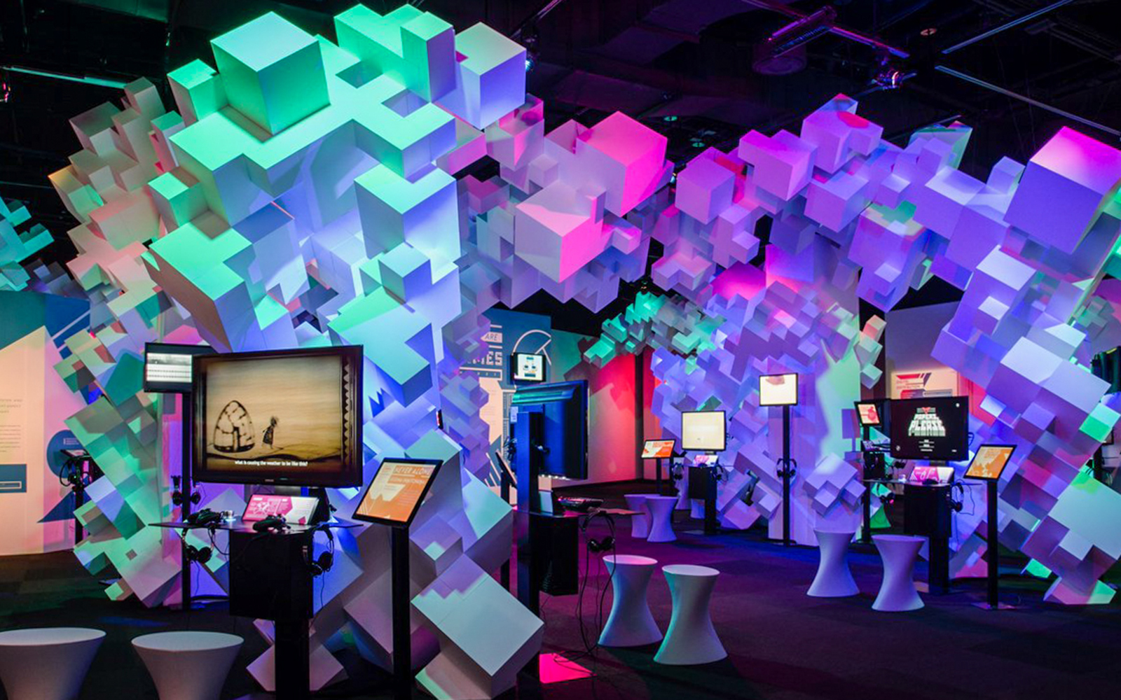 Interactive exhibit at Seattle's Museum of Pop Culture, featuring colorful geometric displays.
