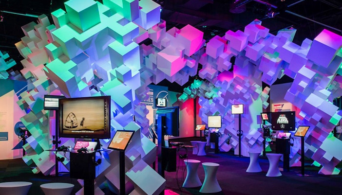 Interactive exhibit at Seattle's Museum of Pop Culture, featuring colorful geometric displays.