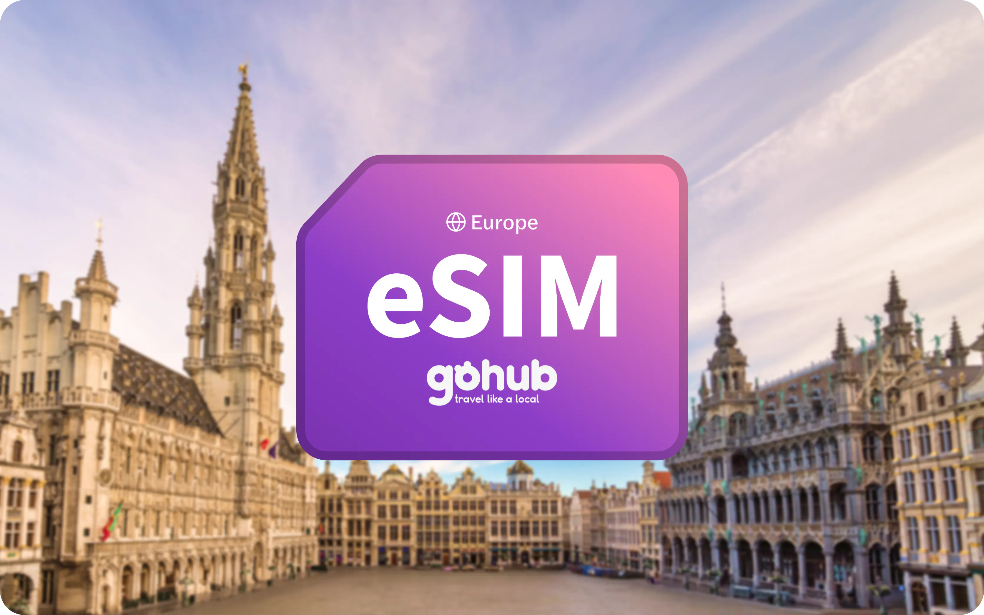 Brussels Grand Place skyline with eSIM Gohub logo in foreground.