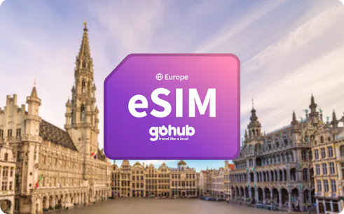 Brussels Grand Place skyline with eSIM Gohub logo in foreground.