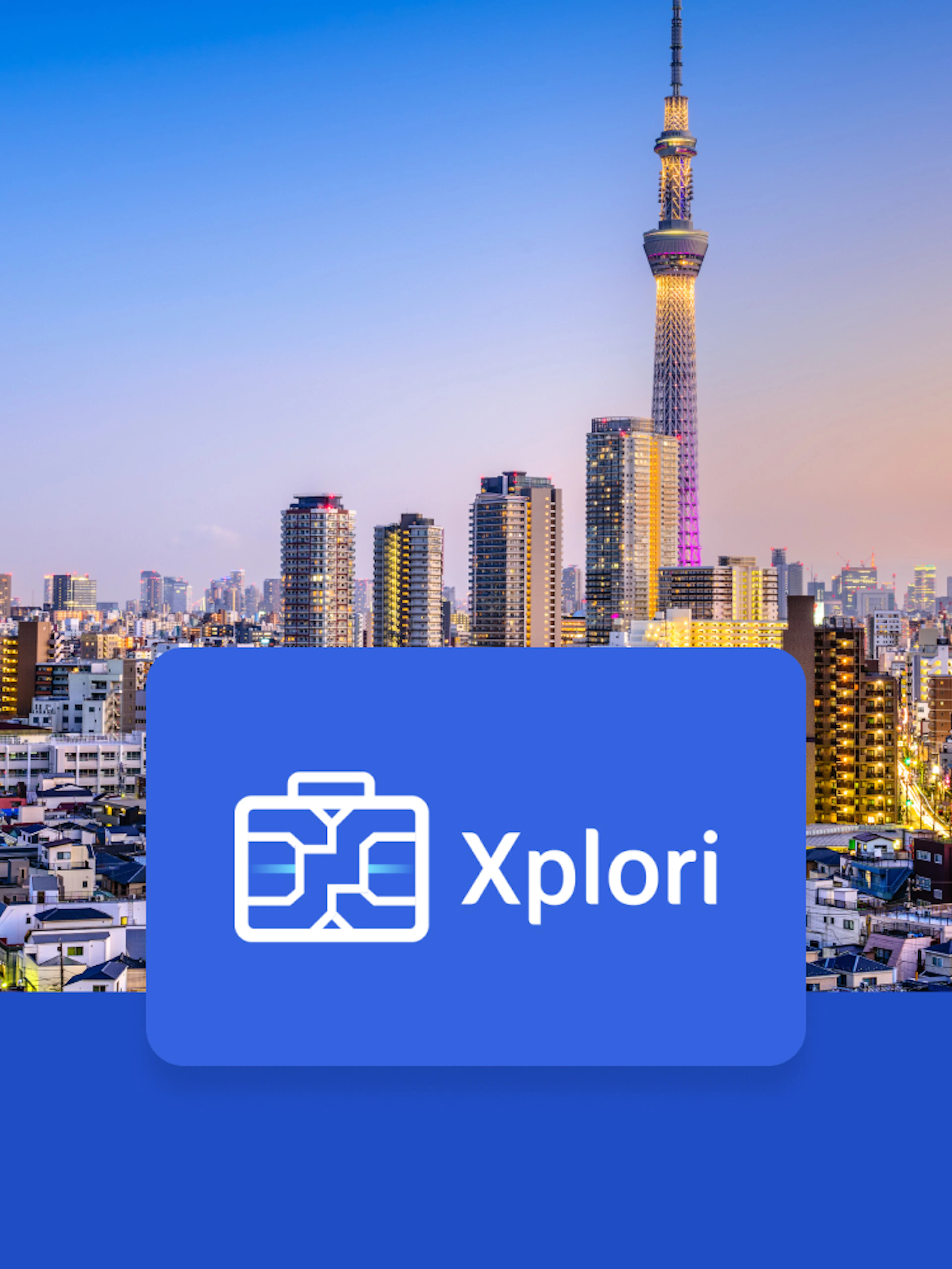 Tokyo skyline with Skytree tower at sunset, promoting Japan 3G Tourist eSIM.