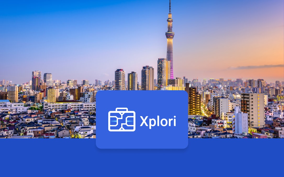 Tokyo skyline with Skytree tower at sunset, promoting Japan 3G Tourist eSIM.