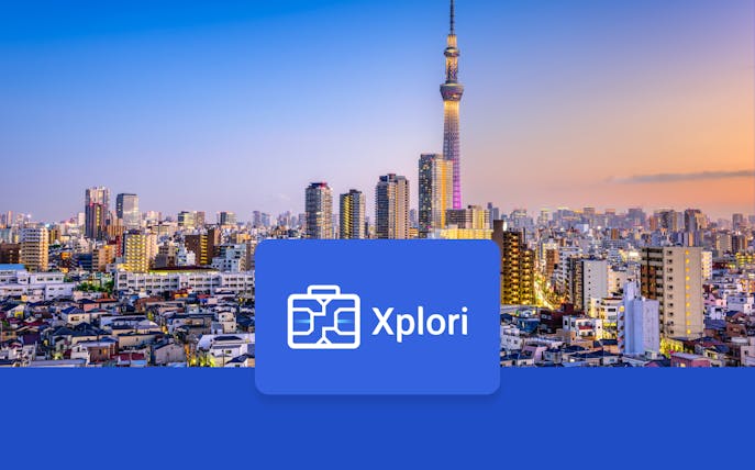 Tokyo skyline with Skytree tower at sunset, promoting Japan 3G Tourist eSIM.