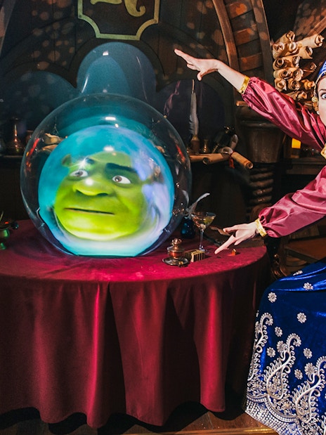 Fortune teller with Shrek's face in a crystal ball at Shrek’s Adventure! London.