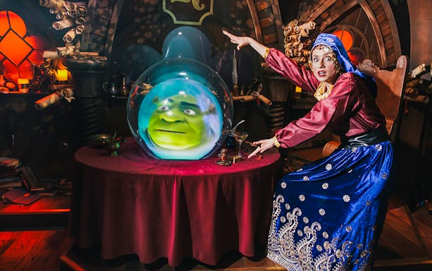 Fortune teller with Shrek's face in a crystal ball at Shrek’s Adventure! London.