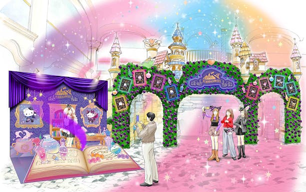Halloween characters in colorful costumes at Sanrio Puroland entrance with decorations.