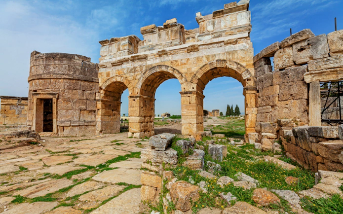 Ancient stone gate ruins at Hierapolis, Pamukkale, Turkey, part of Ephesus & Pamukkale VIP tour.