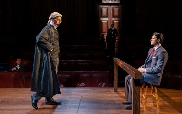 Cast of "Witness for the Prosecution" in courtroom scene, West End show.