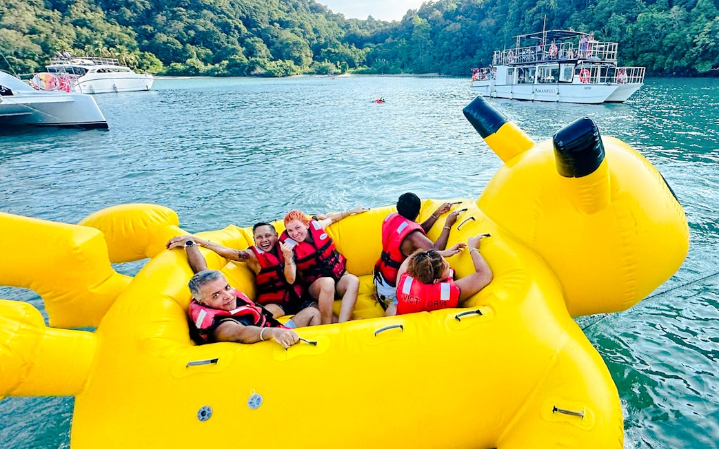 Visitors enjoying a Pikachu-shaped boat ride during Langkawi Sunset Cruise.