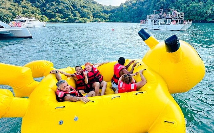 Visitors enjoying a Pikachu-shaped boat ride during Langkawi Sunset Cruise.