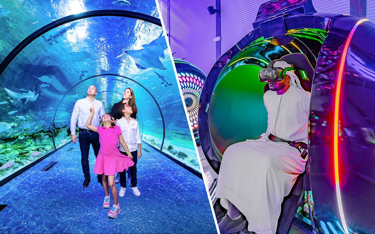 Family exploring underwater tunnel at National Aquarium and person experiencing VR at Pixoul Gaming.