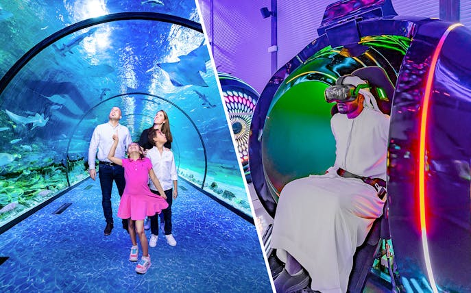Family exploring underwater tunnel at National Aquarium and person experiencing VR at Pixoul Gaming.