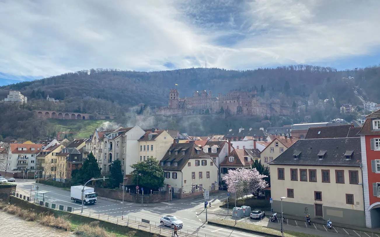 Heidelberg Castle overlooking city rooftops and Neckar River, Germany.