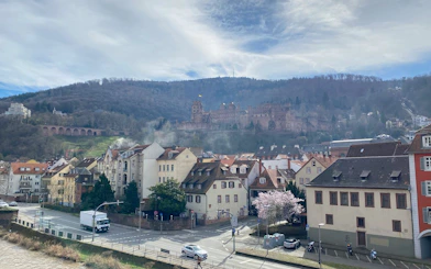 Heidelberg Castle overlooking city rooftops and Neckar River, Germany.