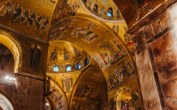 Mosaic ceiling of St. Mark's Basilica in Venice during an exclusive after-hours tour.
