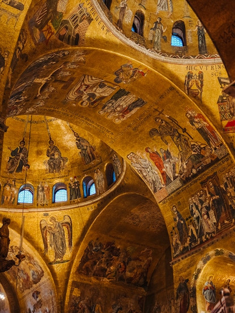 Mosaic ceiling of St. Mark's Basilica in Venice during an exclusive after-hours tour.