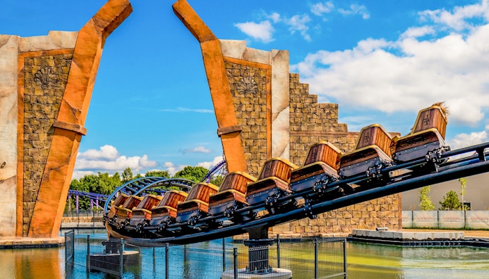 Energylandia Aqualantis Grotto Expedition ride with visitors on a water adventure in Zator, Poland.