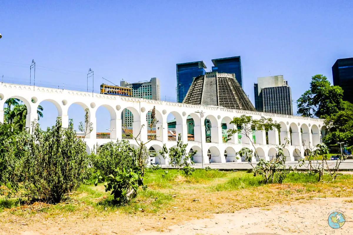 Arcos da Lapa with yellow tram in Santa Teresa, Rio de Janeiro.