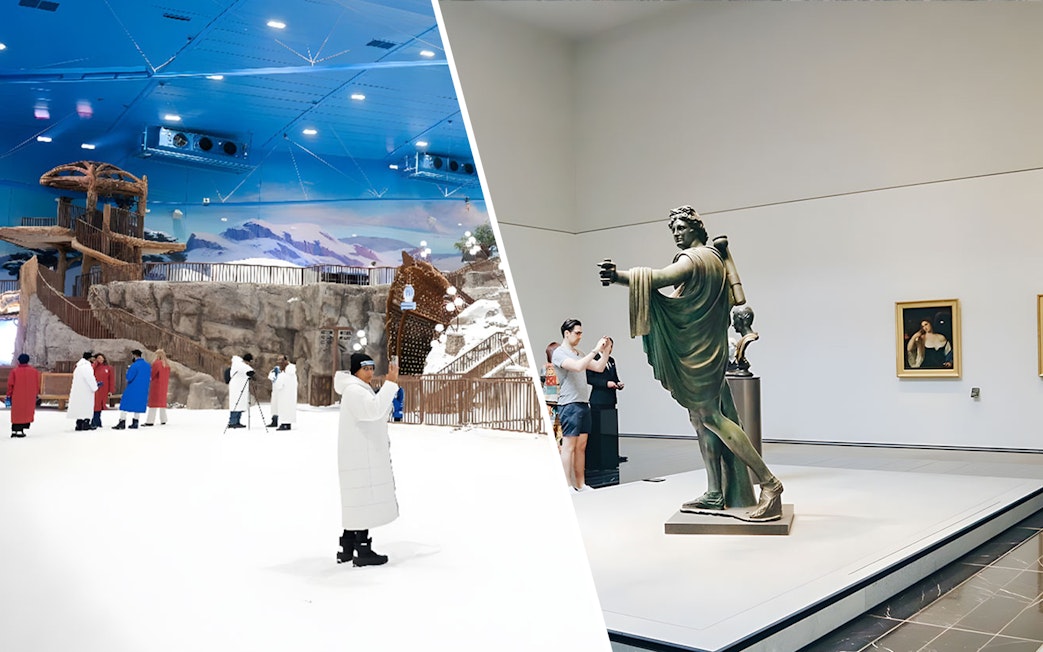 Indoor ski slope with visitors in winter attire; adjacent museum gallery with classical statue.