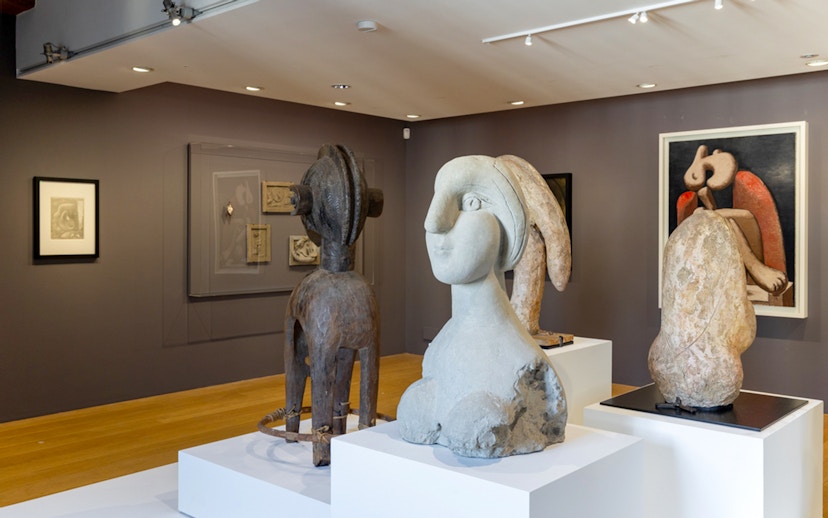 Sculptures and paintings in a gallery at the Picasso Museum, Barcelona.