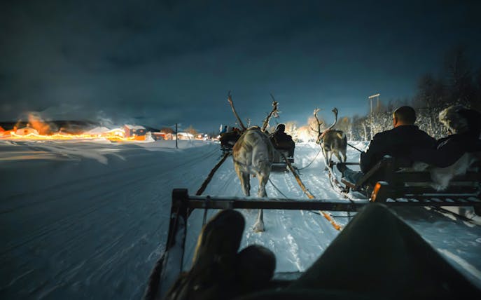 Reindeer sledding at night in Tromso Lapland, Norway.