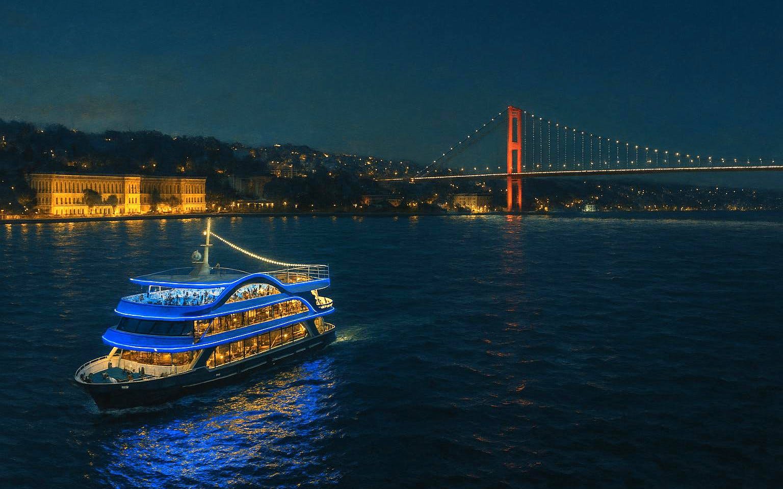 Luxury dinner cruise on the Bosphorus with illuminated bridge and cityscape in Istanbul.