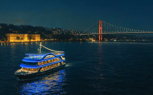 Luxury dinner cruise on the Bosphorus with illuminated bridge and cityscape in Istanbul.