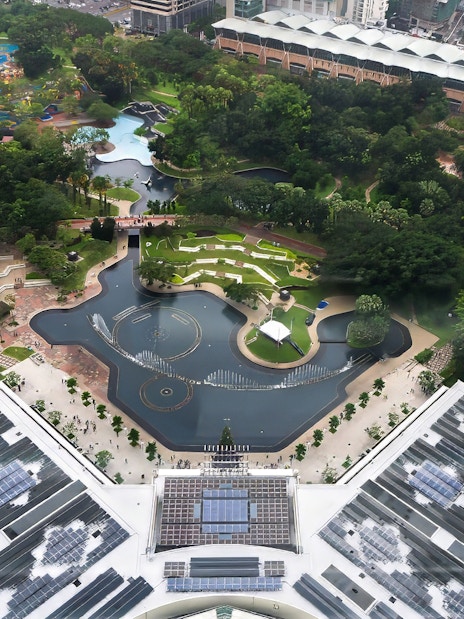 View of KLCC Park from the 86th floor of Petronas Twin Towers, Kuala Lumpur.