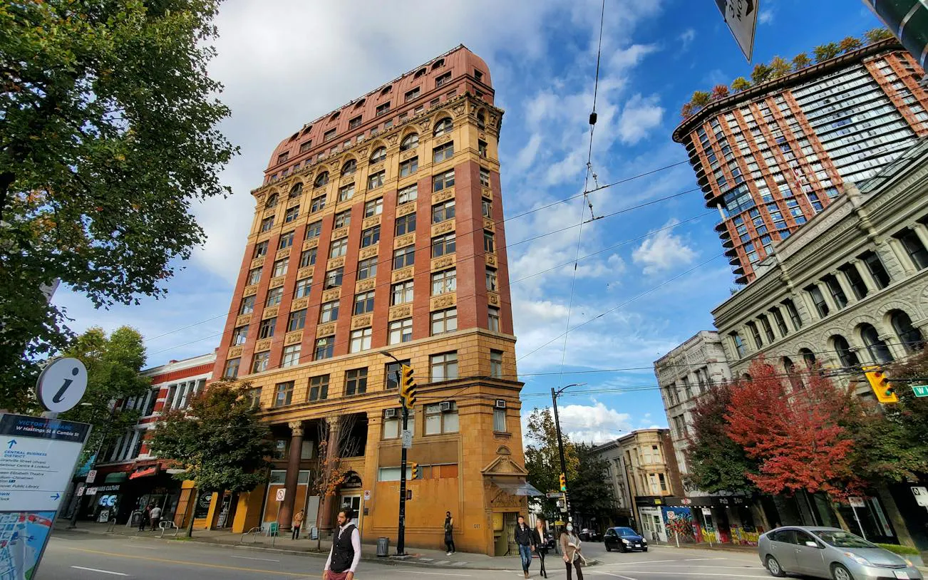 Historic building in Vancouver's Gastown district, part of a self-guided city exploration game.