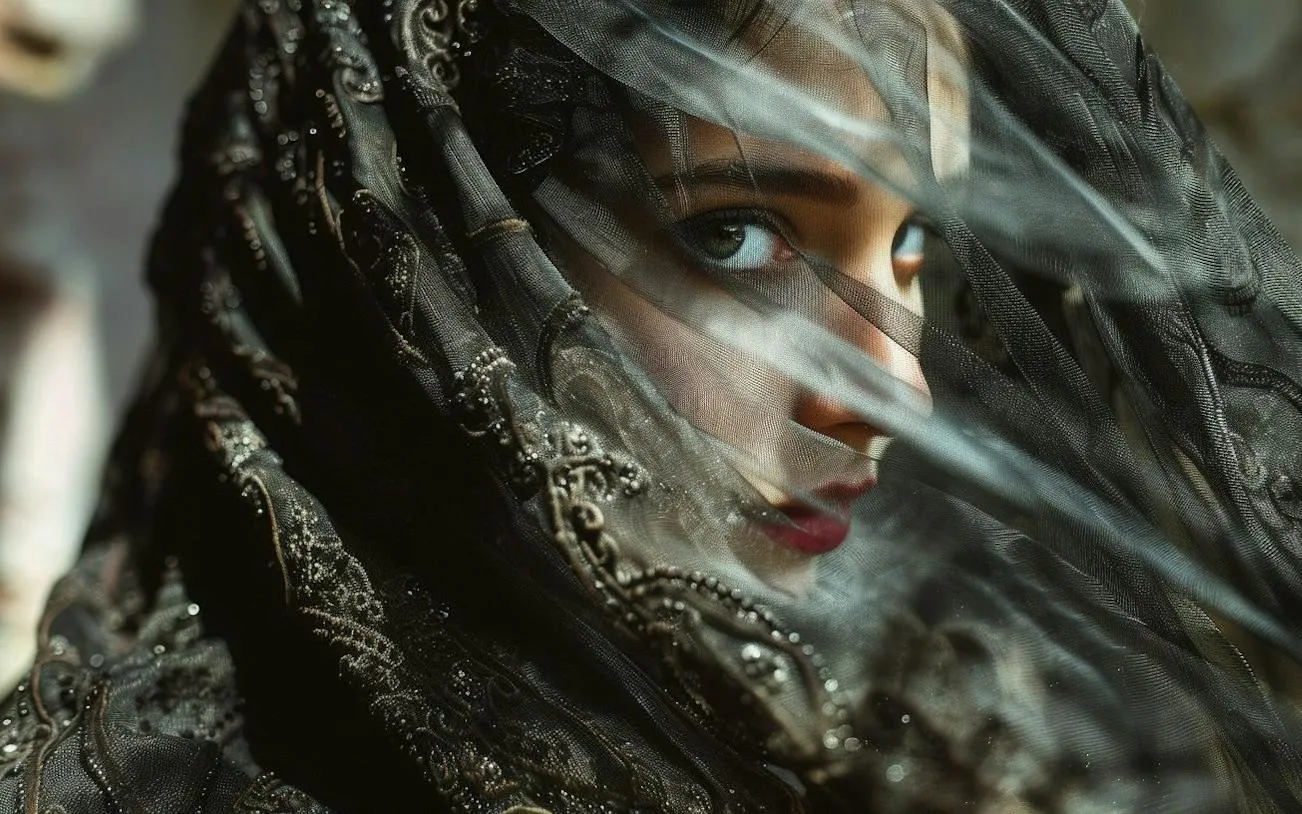 Veiled figure with intricate lace, part of Bucharest Love Stories exploration game.