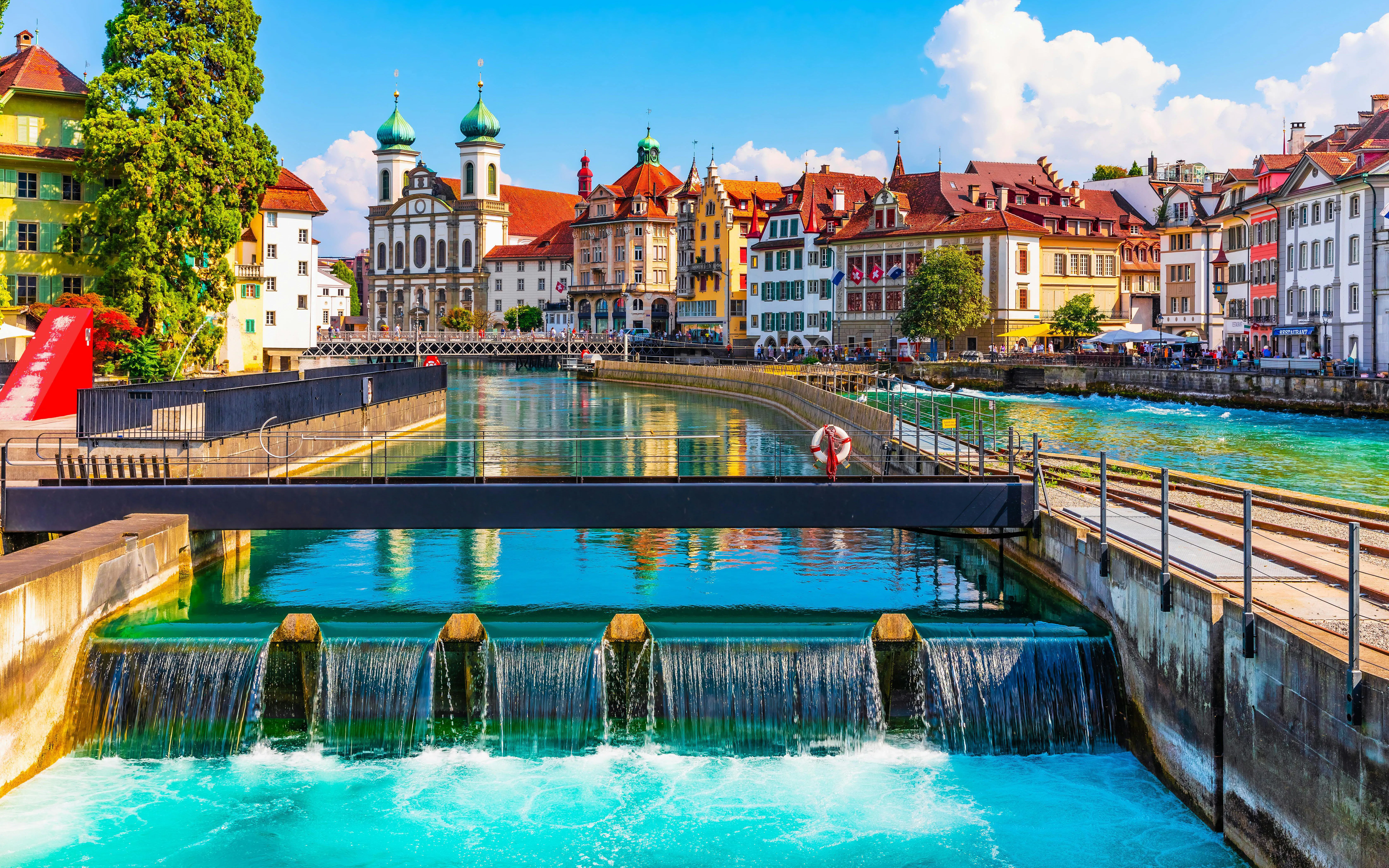 Old Town architecture along the Reuss River in Lucerne, Switzerland.