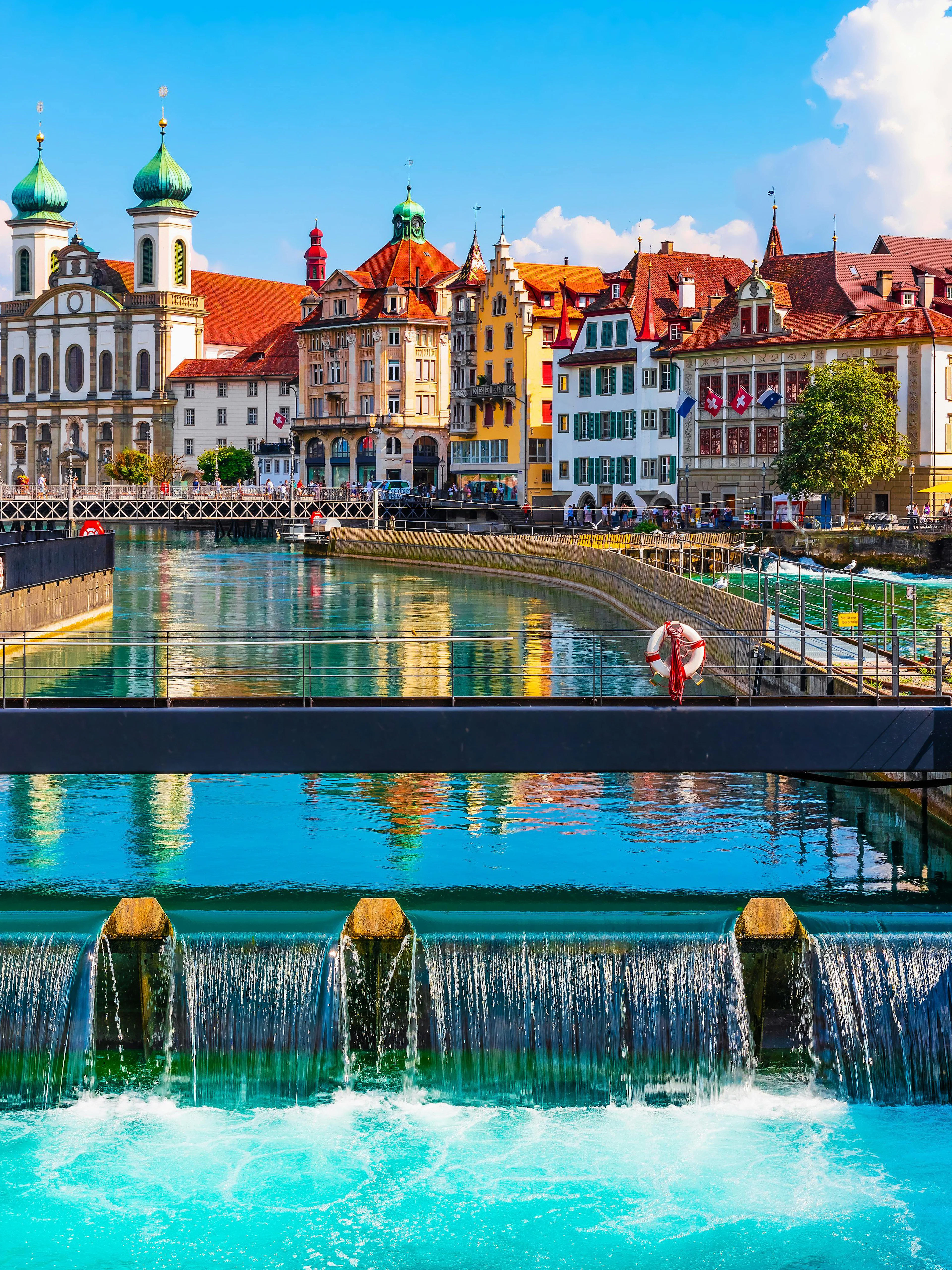 Old Town architecture along the Reuss River in Lucerne, Switzerland.