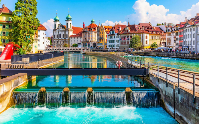 Old Town architecture along the Reuss River in Lucerne, Switzerland.