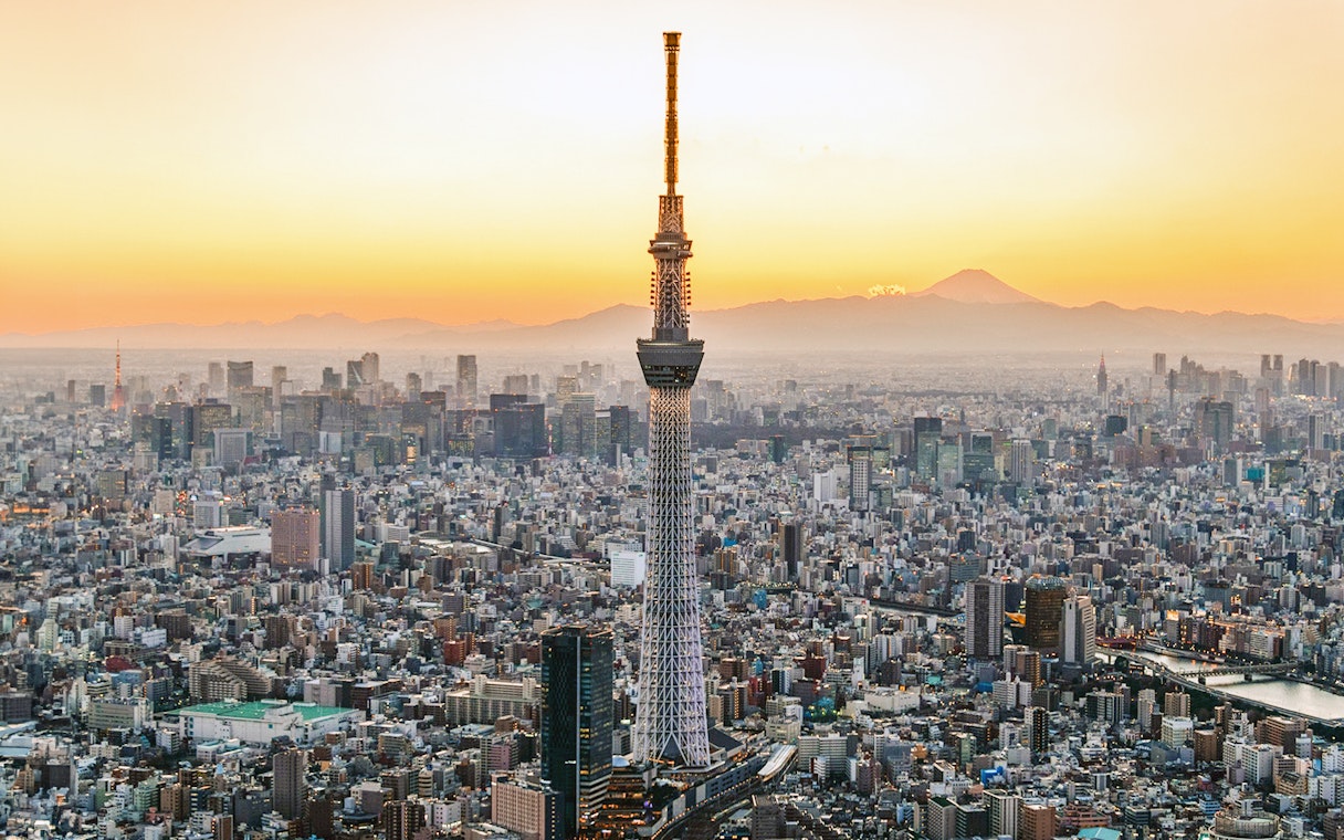Tokyo Skytree towering over cityscape at sunset.