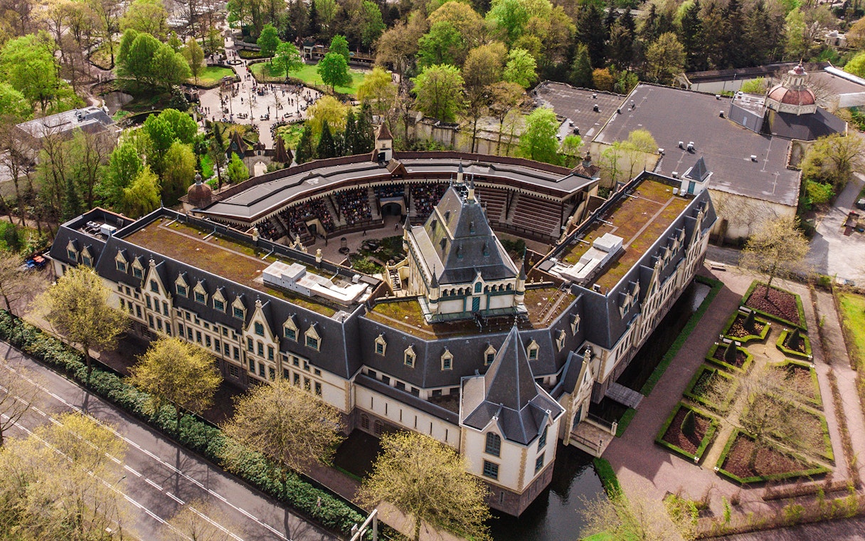 Aerial view of Efteling Amusement Park's theater and gardens in the Netherlands.