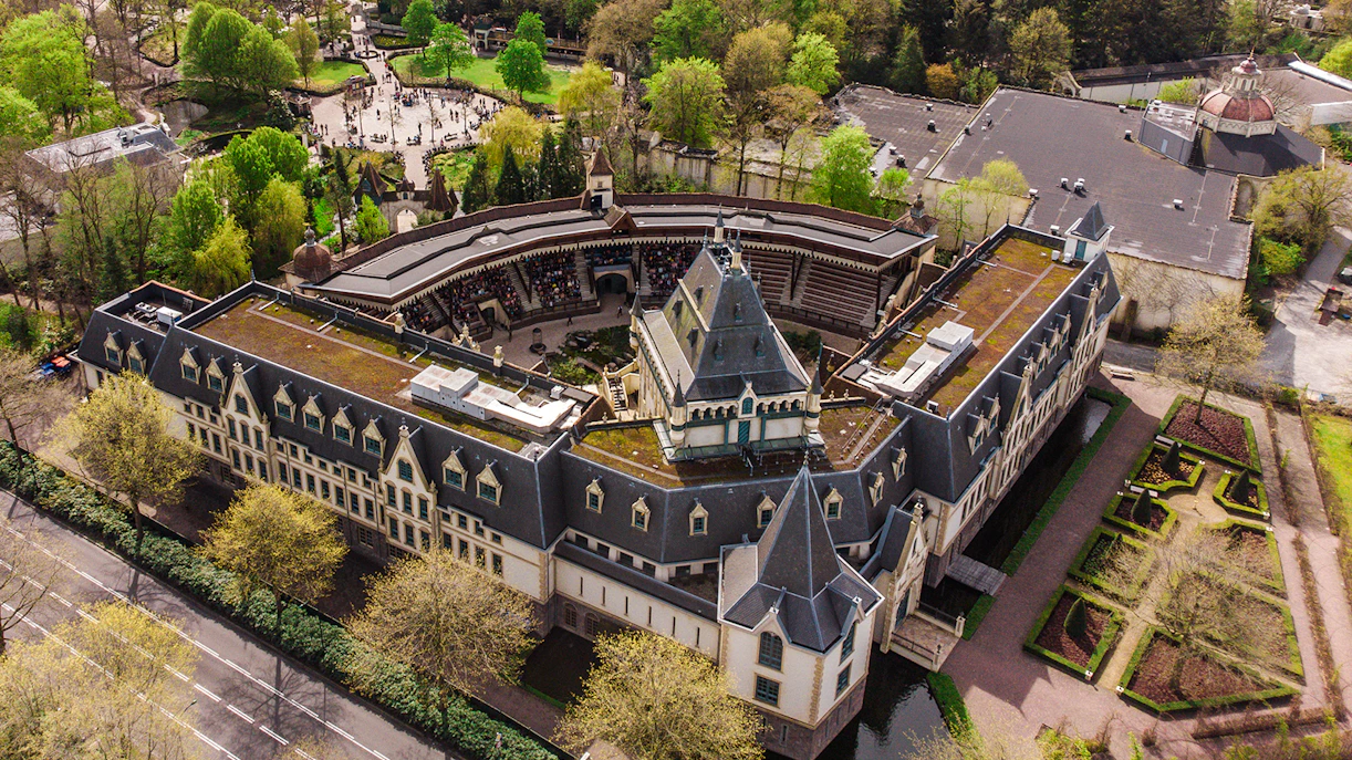 Aerial view of Efteling Amusement Park's theater and gardens in the Netherlands.